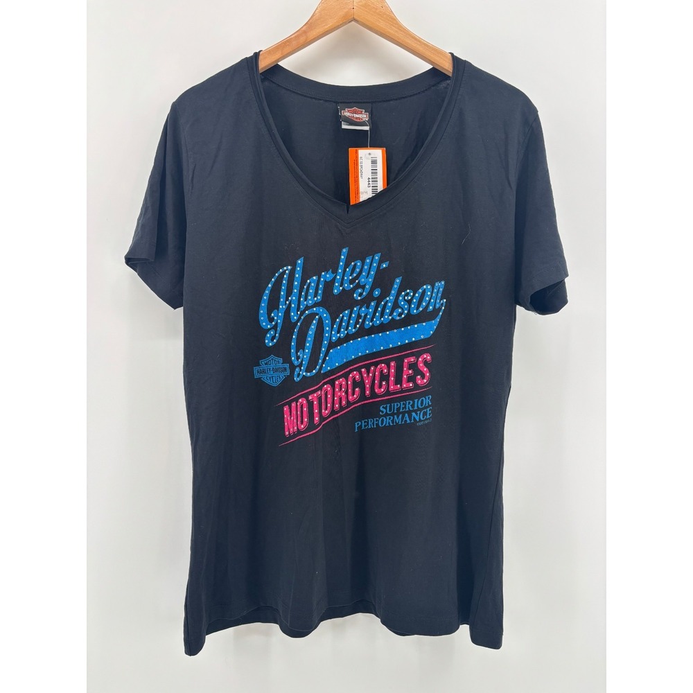 Harley-Davidson Windy City Tee Womens Black V-Neck Rhinestone Graphic XL NWT